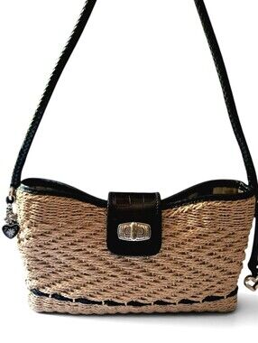 Brighton Vintage "Wendy" Woven Jute Straw Baguette Shoulder Bag Black Croc EUC